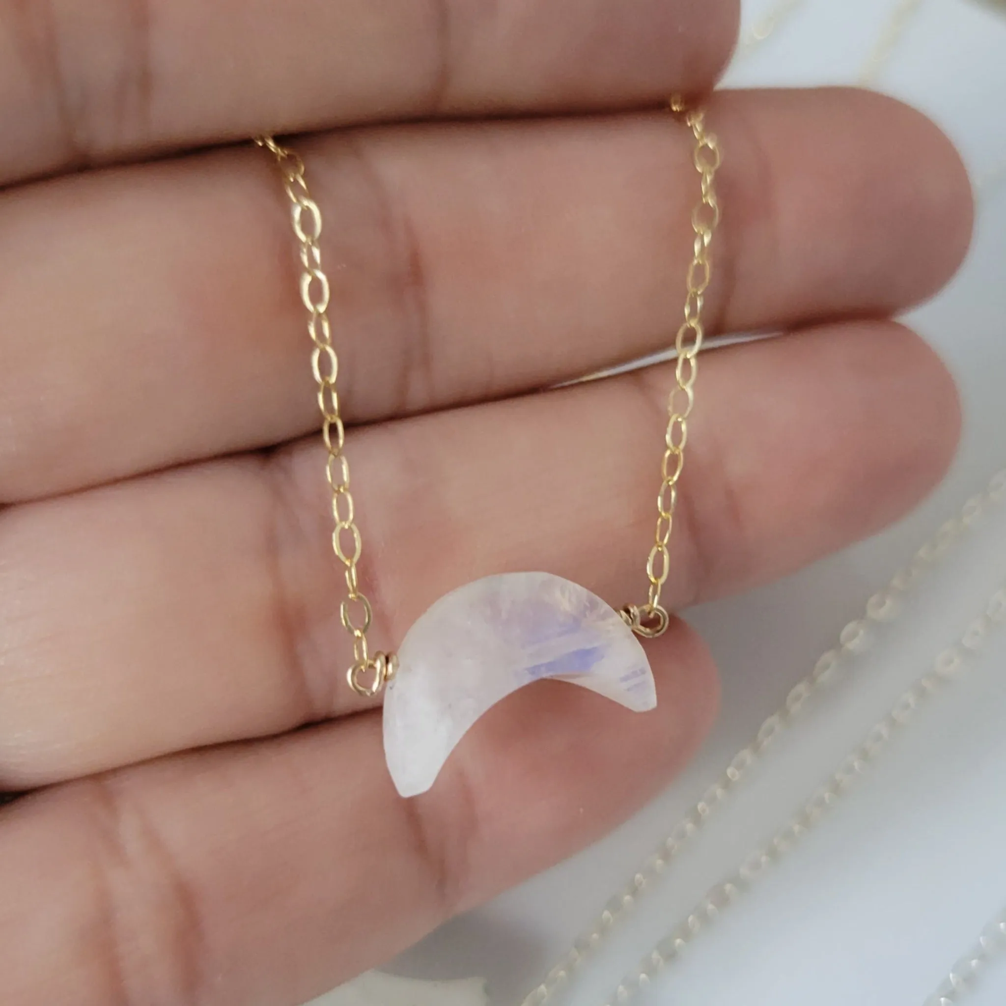 Crescent Shaped Natural Moonstone Necklace - Sterling, Gold, Rose Gold