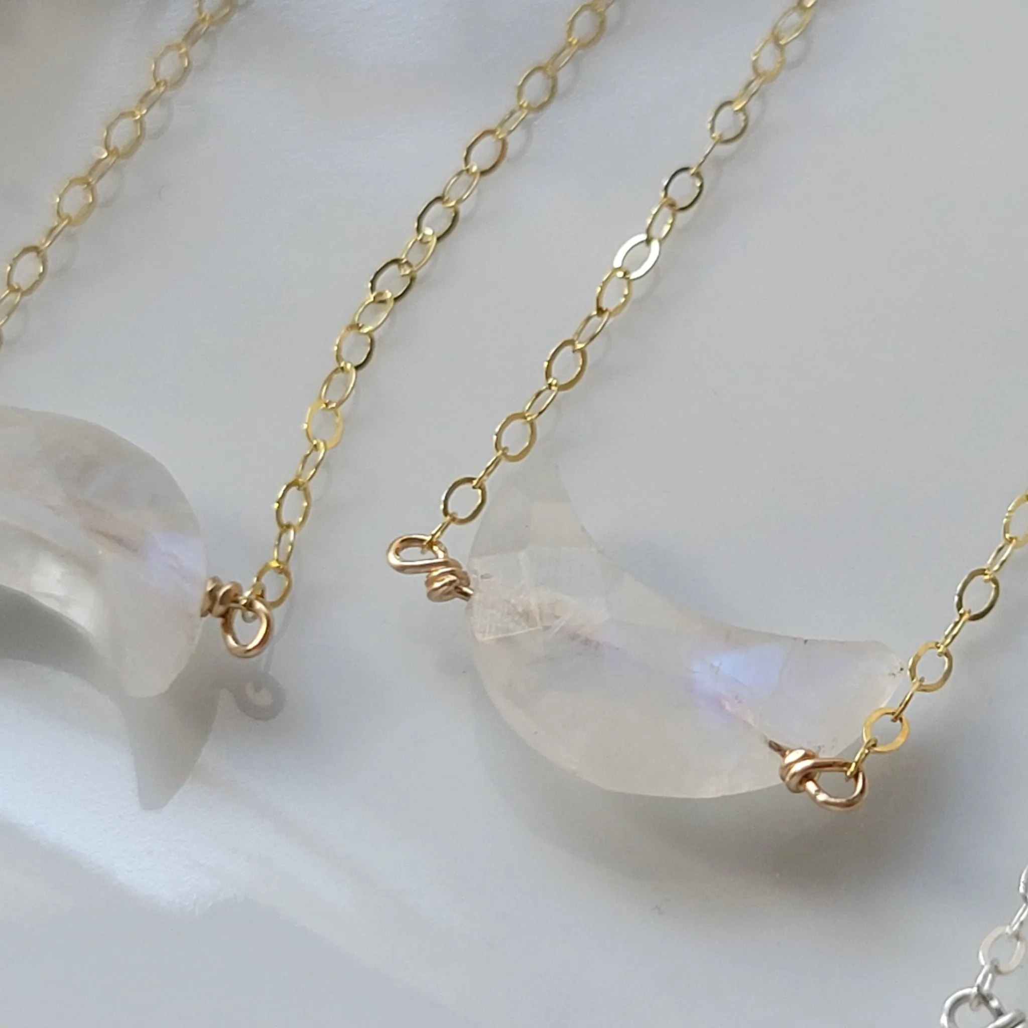 Crescent Shaped Natural Moonstone Necklace - Sterling, Gold, Rose Gold