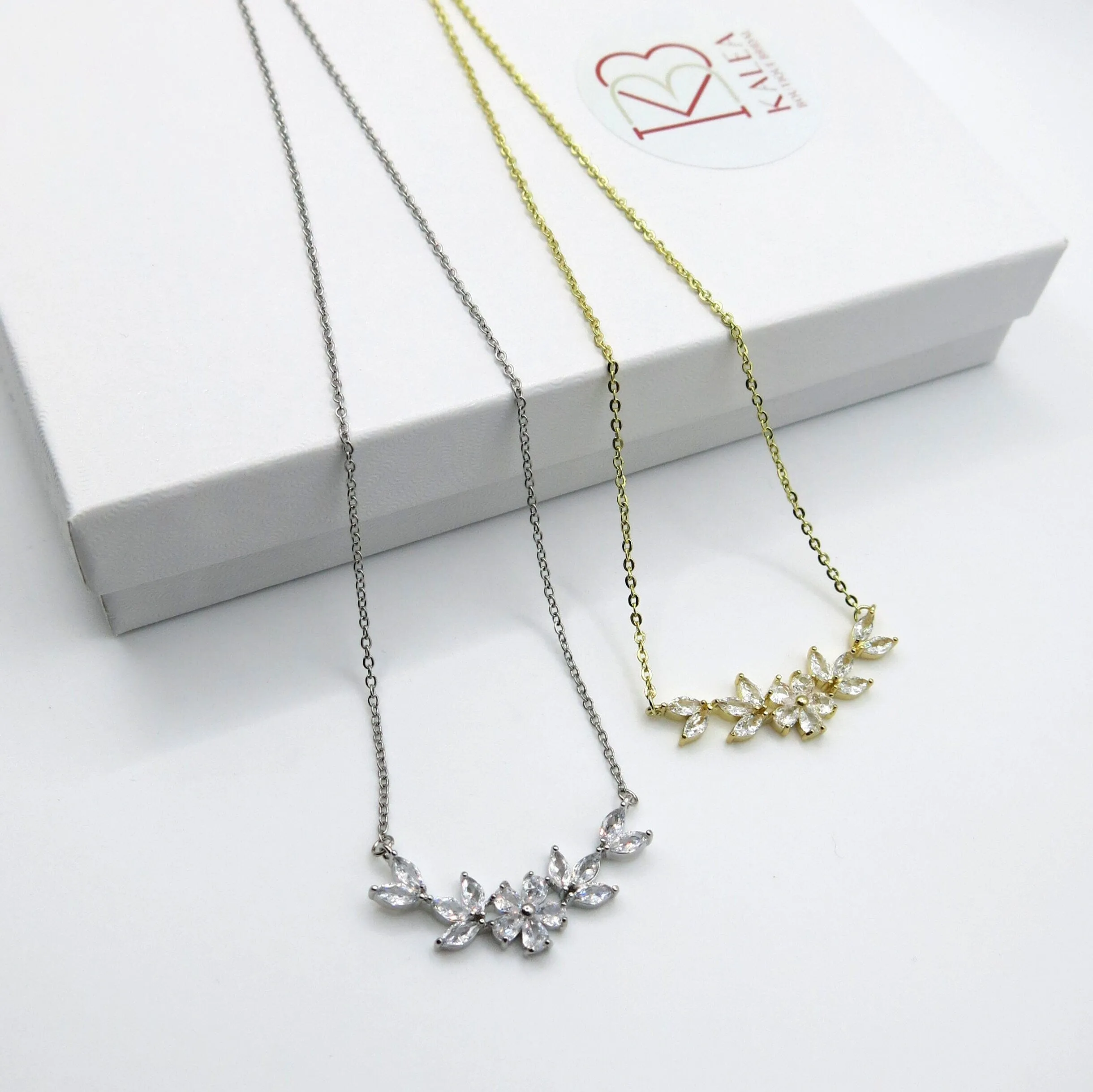 Crystal Flower CZ Charm Necklace, Wedding Flora 14K Gold Plated Necklace for Brides or Bridesmaids