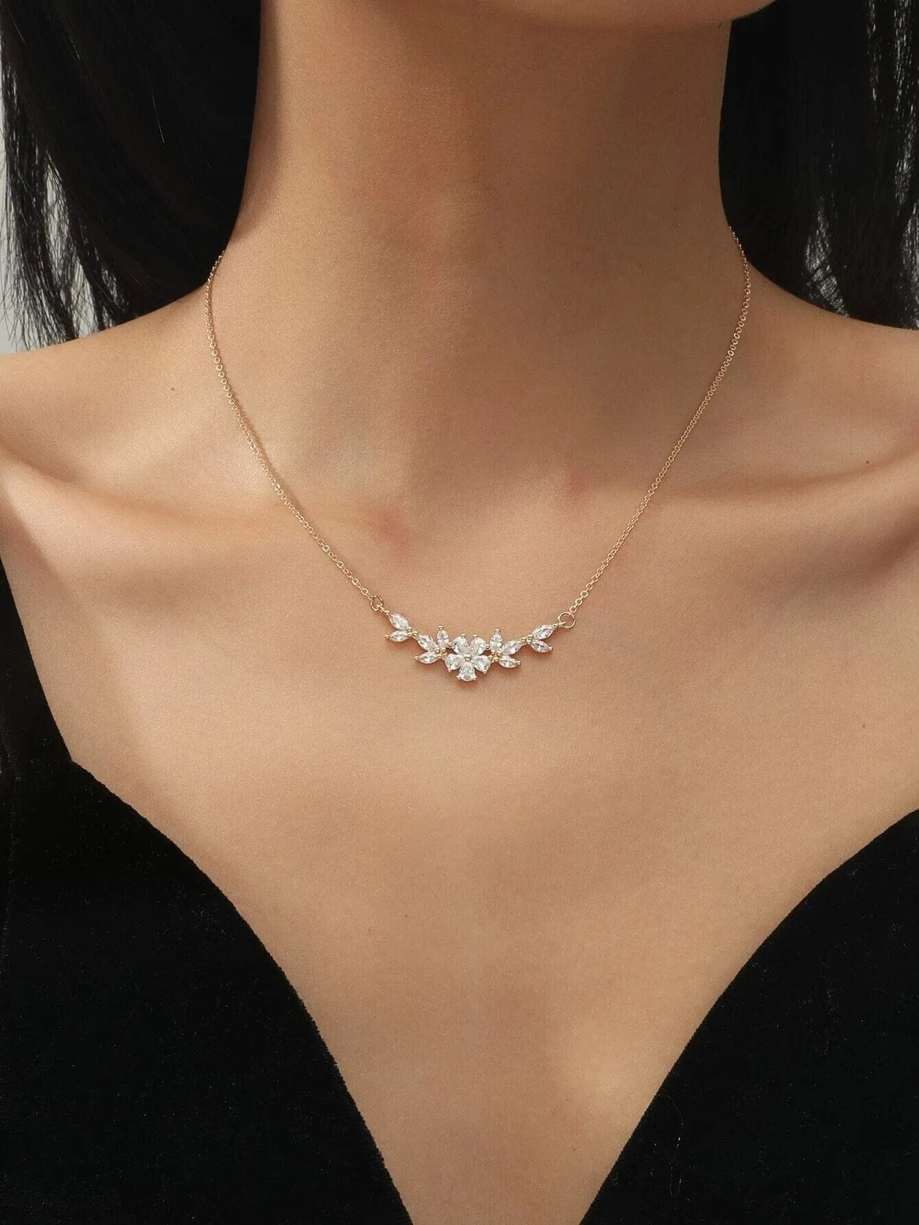 Crystal Flower CZ Charm Necklace, Wedding Flora 14K Gold Plated Necklace for Brides or Bridesmaids