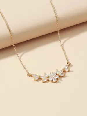 Crystal Flower CZ Charm Necklace, Wedding Flora 14K Gold Plated Necklace for Brides or Bridesmaids