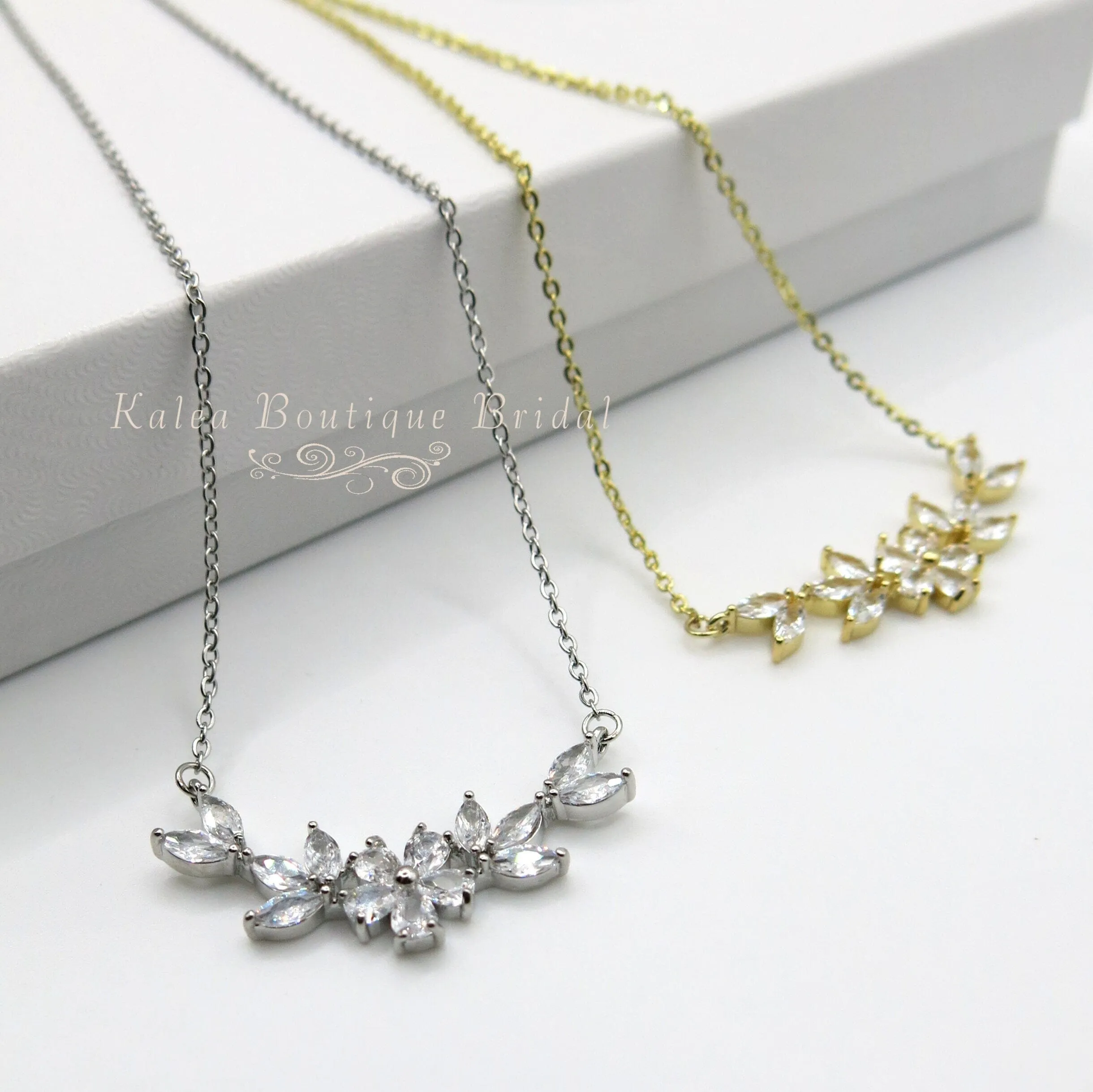 Crystal Flower CZ Charm Necklace, Wedding Flora 14K Gold Plated Necklace for Brides or Bridesmaids