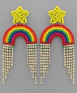 Crystal Fringe Beaded Rainbow Star Earrings Yellow