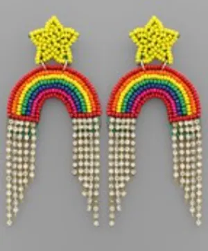 Crystal Fringe Beaded Rainbow Star Earrings Yellow
