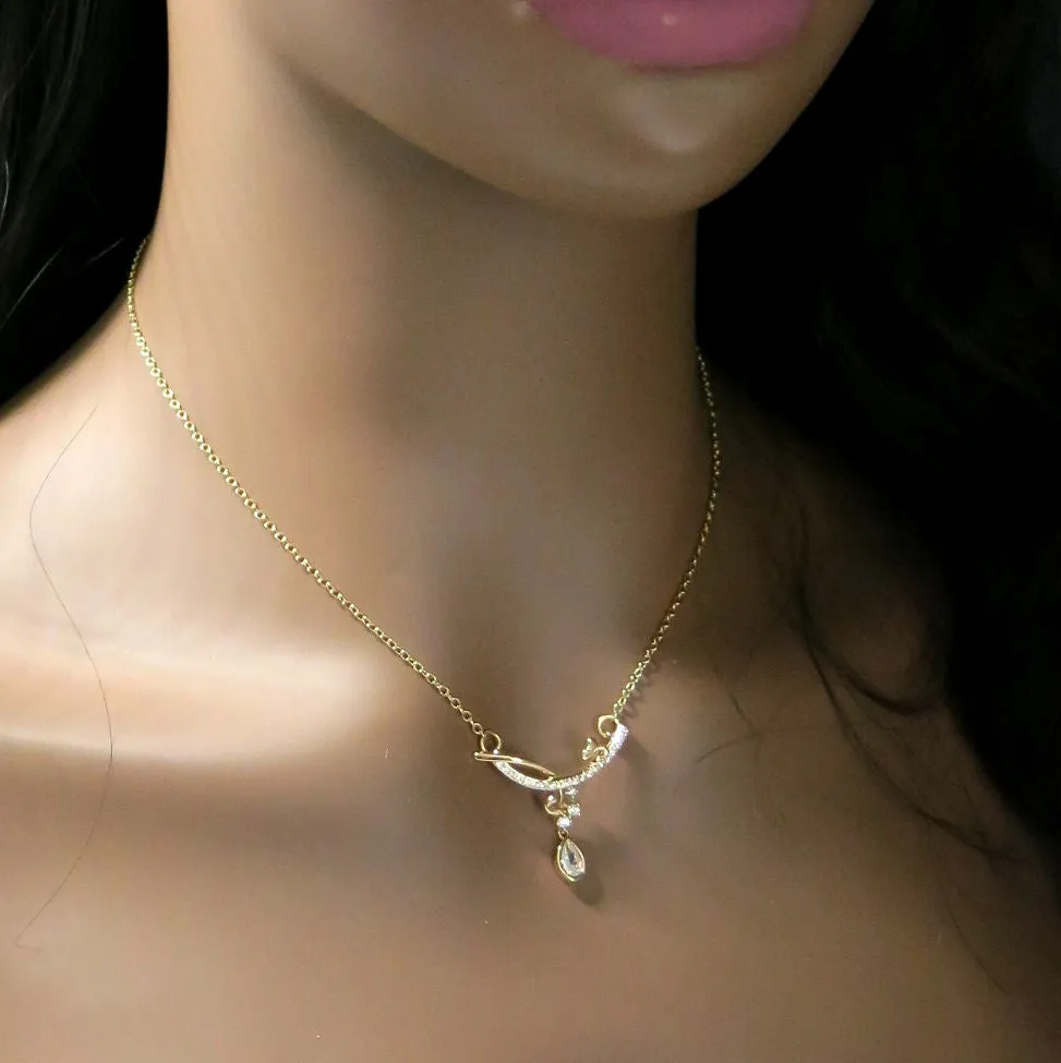 Crystal Gold Butterfly Flower Girl Necklace, Bridal Floral Chain CZ Diamond Fashion Necklace