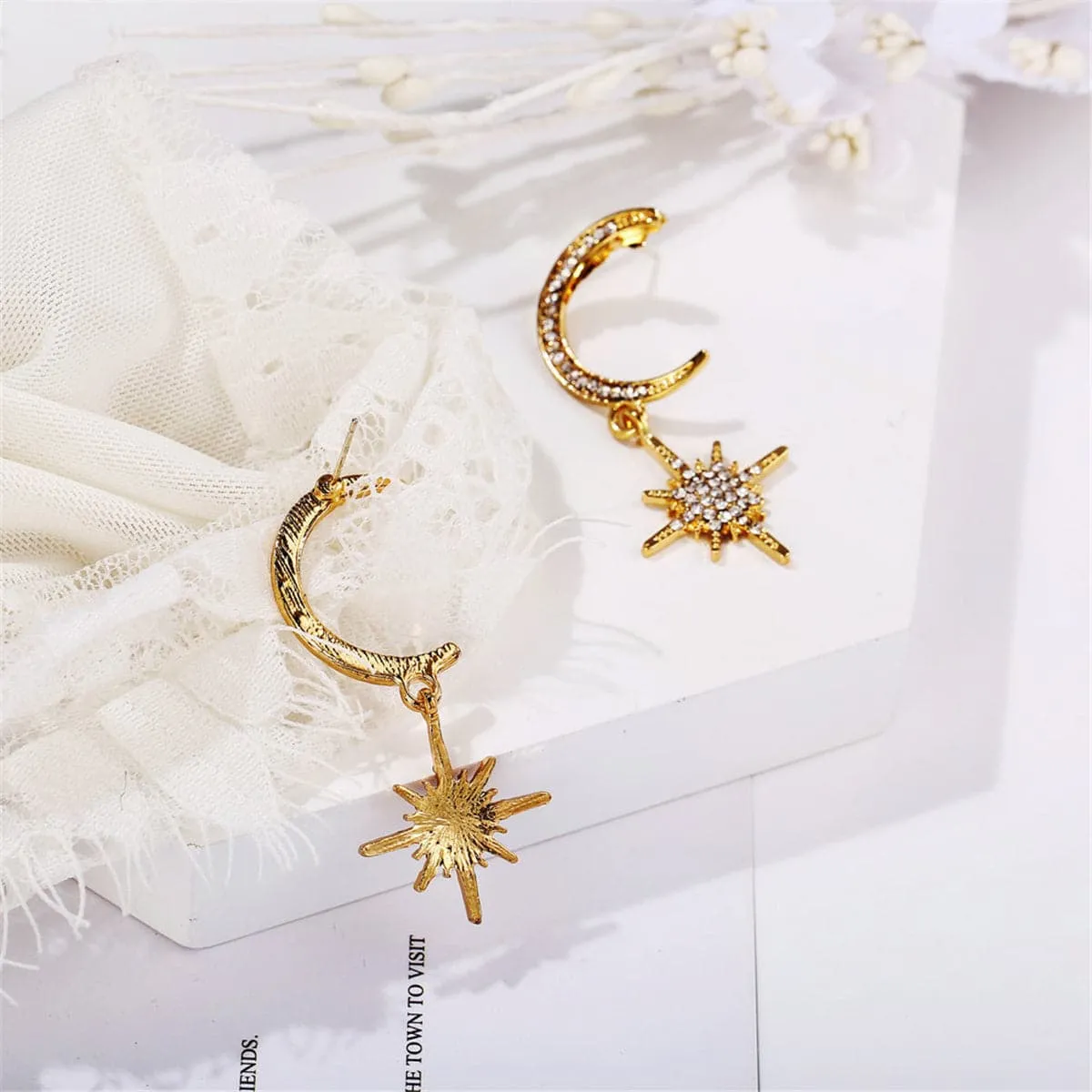 Cubic Zirconia & 18K Gold-Plated Crescent Moon Drop Earrings