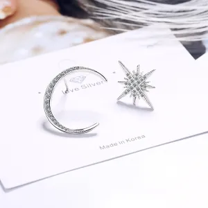 Cubic Zirconia & Silver-Plated Moon & Star Stud Earrings