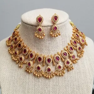 CZ And Kemp Stone Necklace Set With Gold Finish JT13