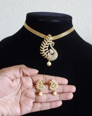 Cz Peacock Pendant Set With Gold Plating White