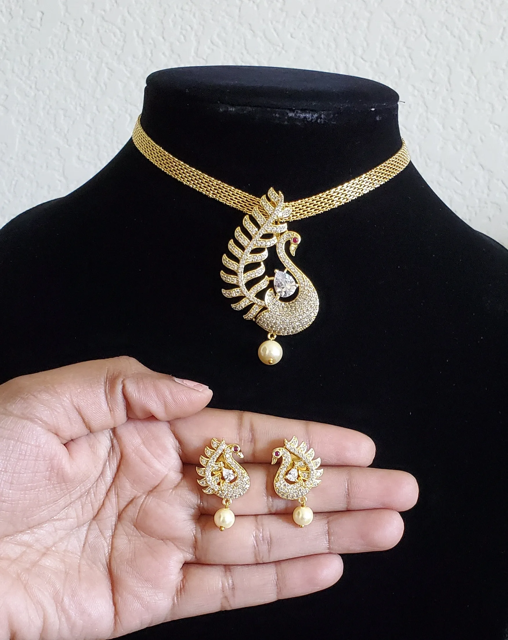 Cz Peacock Pendant Set With Gold Plating White
