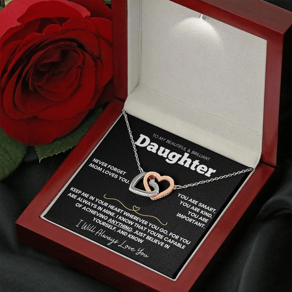 Daughter - Never Forget Mom Loves You - 14k Rose Gold and Stainless Steel Hearts Necklace