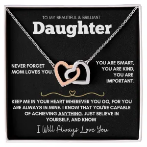 Daughter - Never Forget Mom Loves You - 14k Rose Gold and Stainless Steel Hearts Necklace