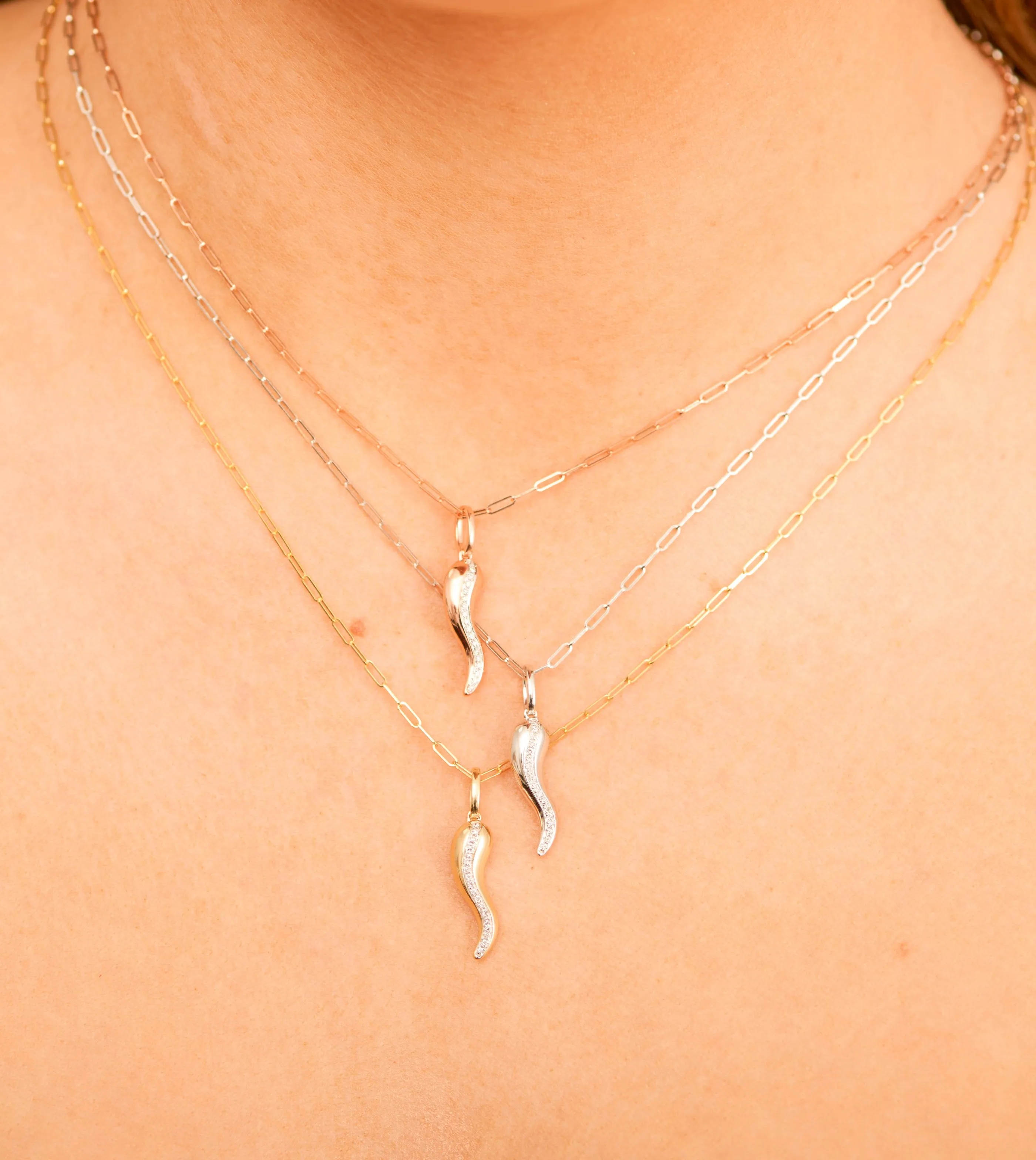 Diamond Line Italian Horn Cornicello Necklace