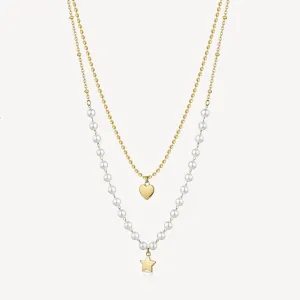Double Layer Charm and Shell-Pearl in Gold Plated Stainless Steel