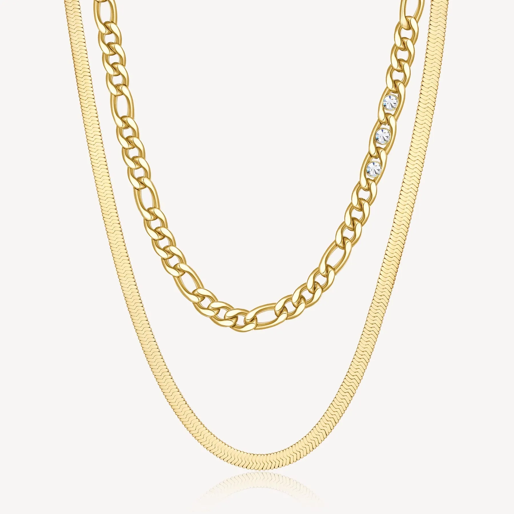 Double-Strand Link Crystal Link and Herringbone Necklace in Gold Plated Stainless Steel