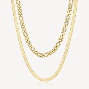 Double-Strand Link Crystal Link and Herringbone Necklace in Gold Plated Stainless Steel