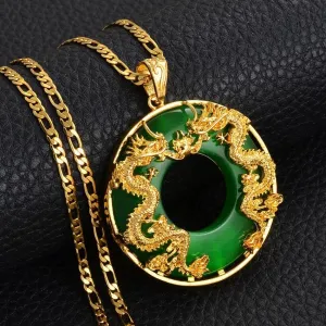 Dragon Pendant Necklace, 18k gold plated Men Jewelry Chinese Style Artificial Green Jade Good Luck Happiness