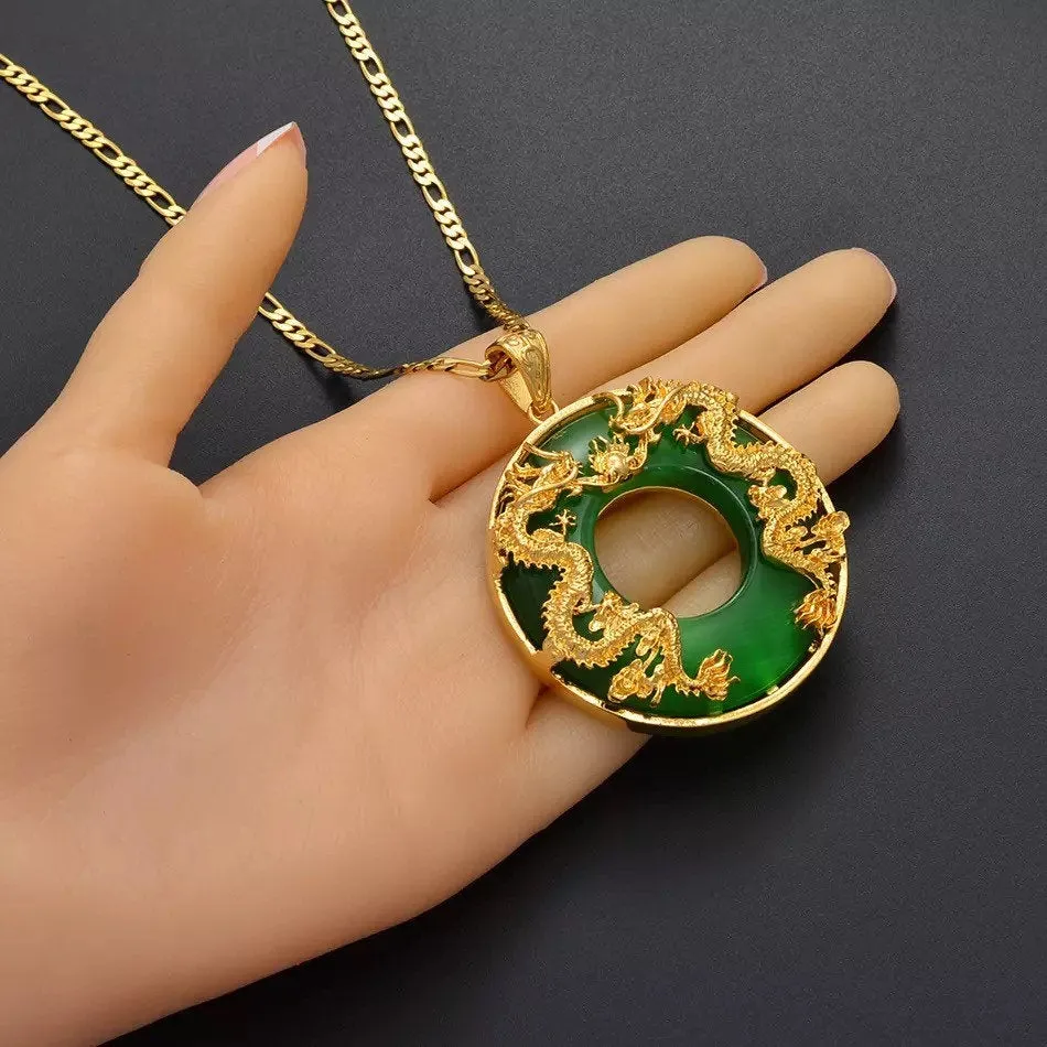 Dragon Pendant Necklace, 18k gold plated Men Jewelry Chinese Style Artificial Green Jade Good Luck Happiness
