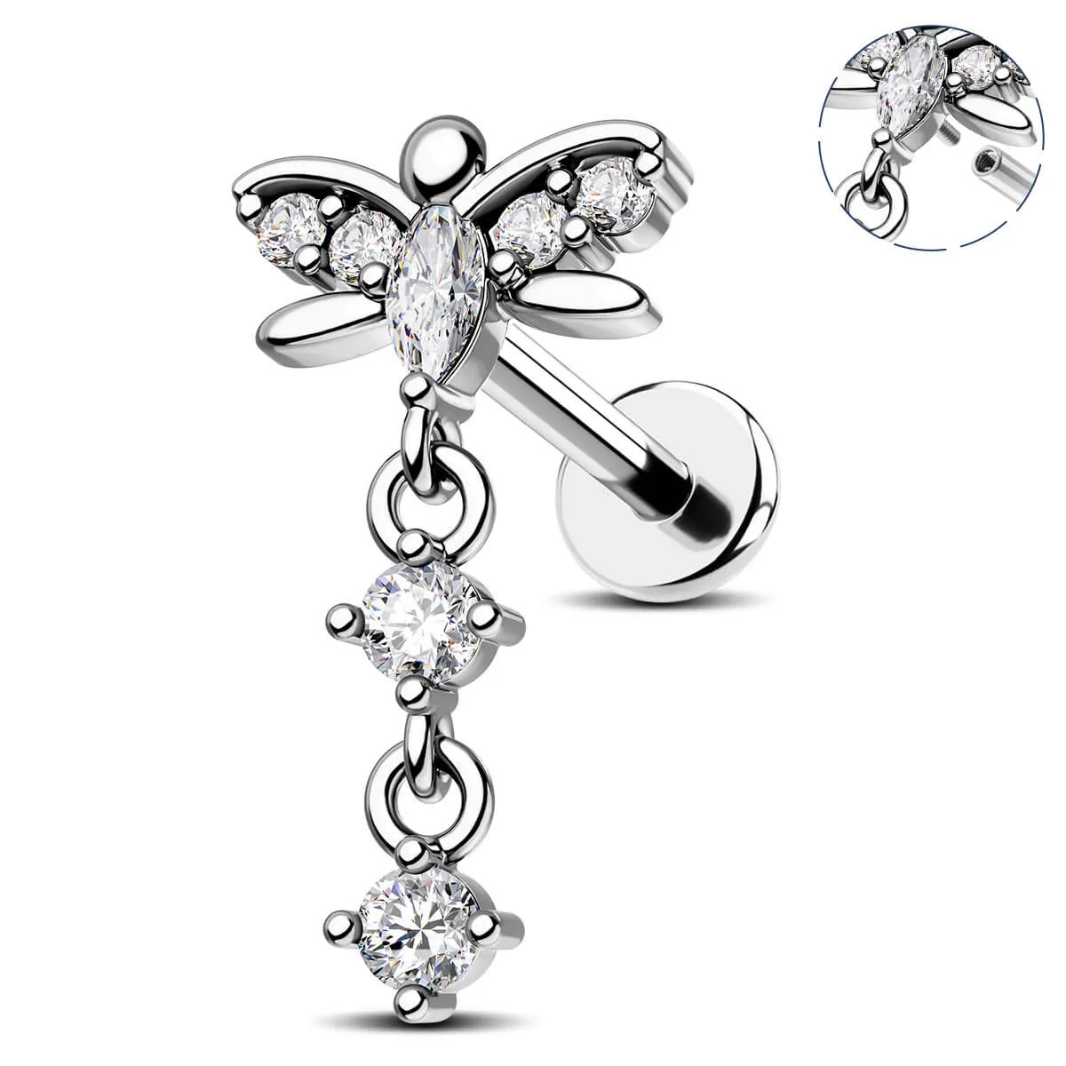 Dragonfly Clear CZ Dangle Top Helix Stud