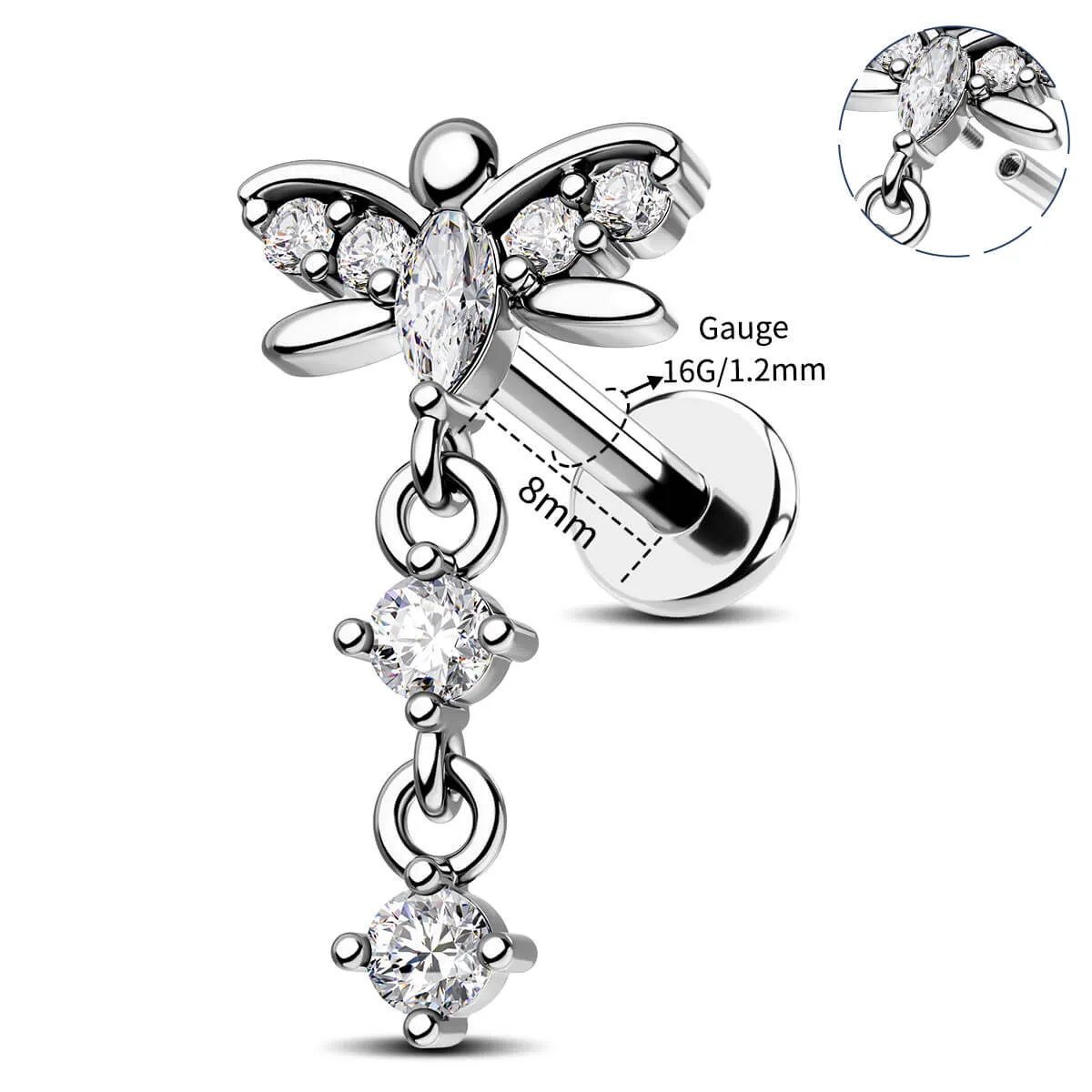 Dragonfly Clear CZ Dangle Top Helix Stud