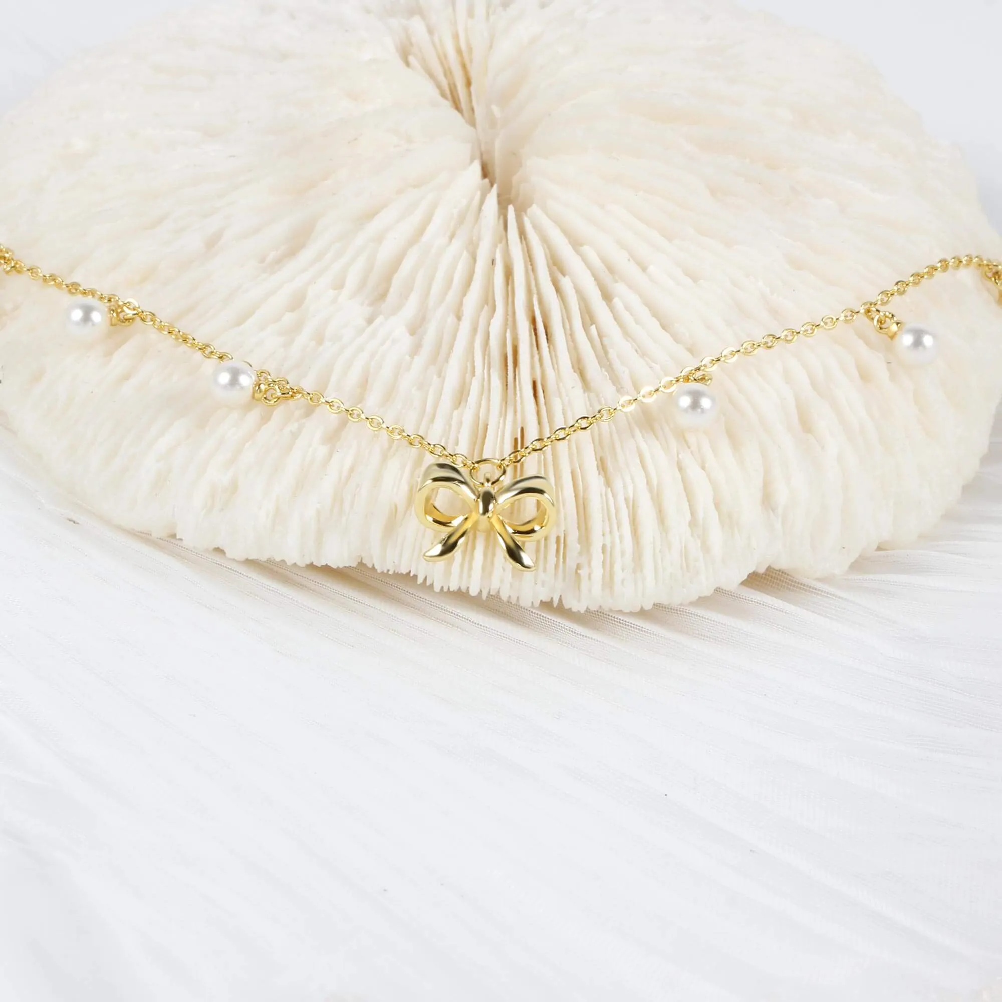 Elegance Pearl &Bow Charm Necklace