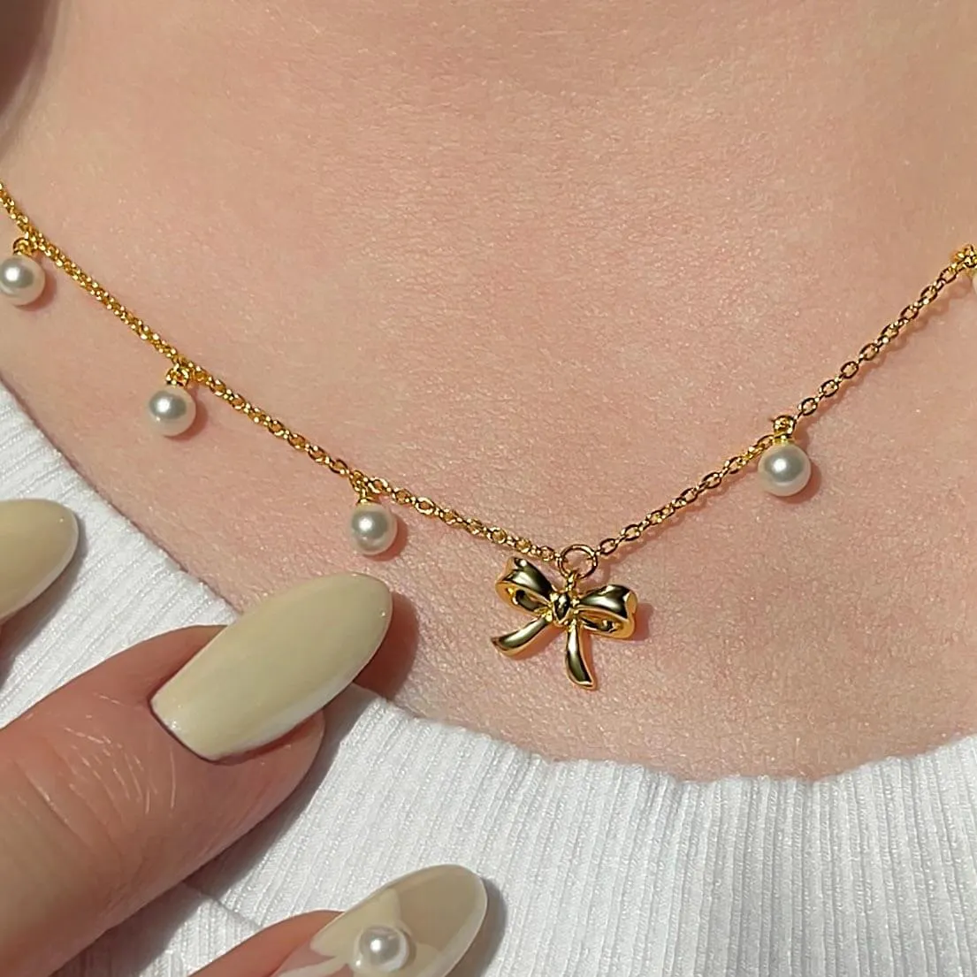 Elegance Pearl &Bow Charm Necklace