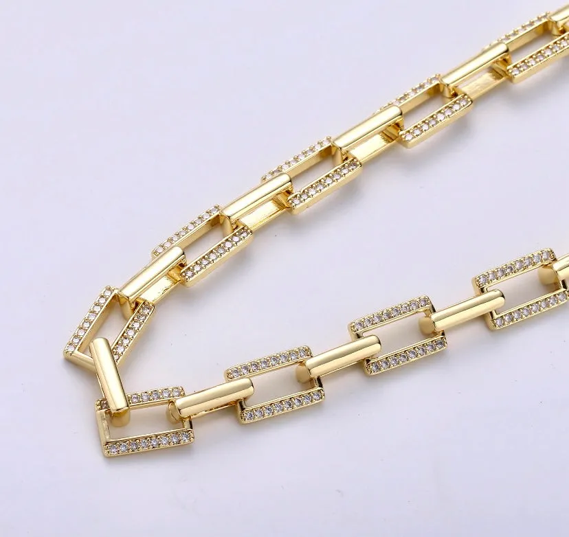 Elegant Gold Micro Pave Paperclip Chain Necklace 19.5”, 20.5”