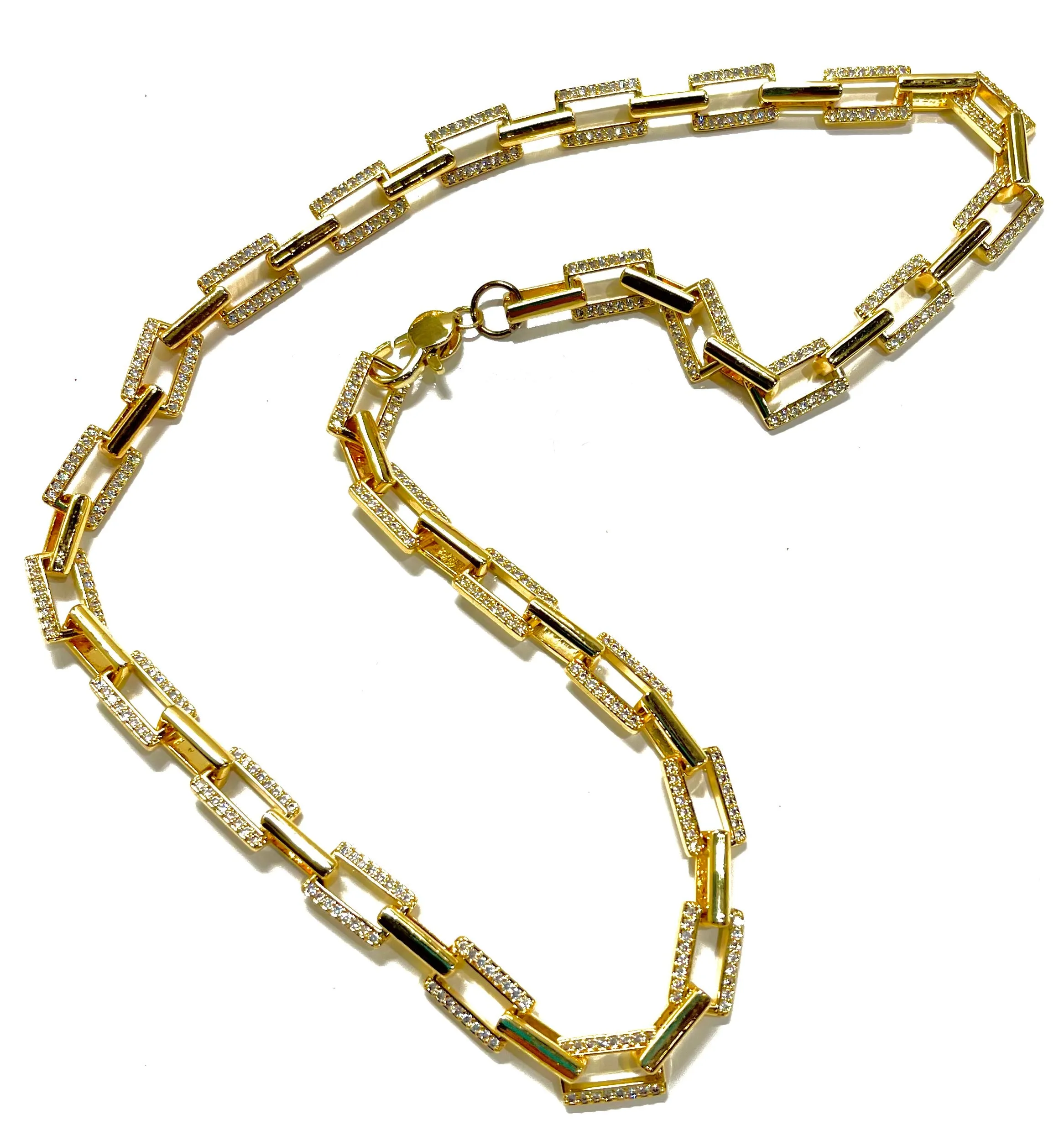 Elegant Gold Micro Pave Paperclip Chain Necklace 19.5”, 20.5”
