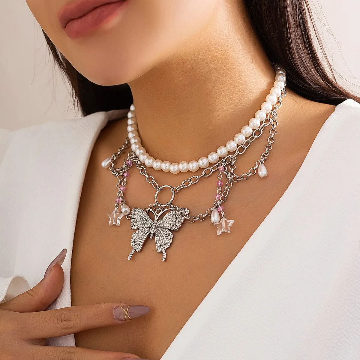 Elegant Layered CZ Inlaid Butterfly Pendant Star Tassel Pearl Chain Choker Necklace Set