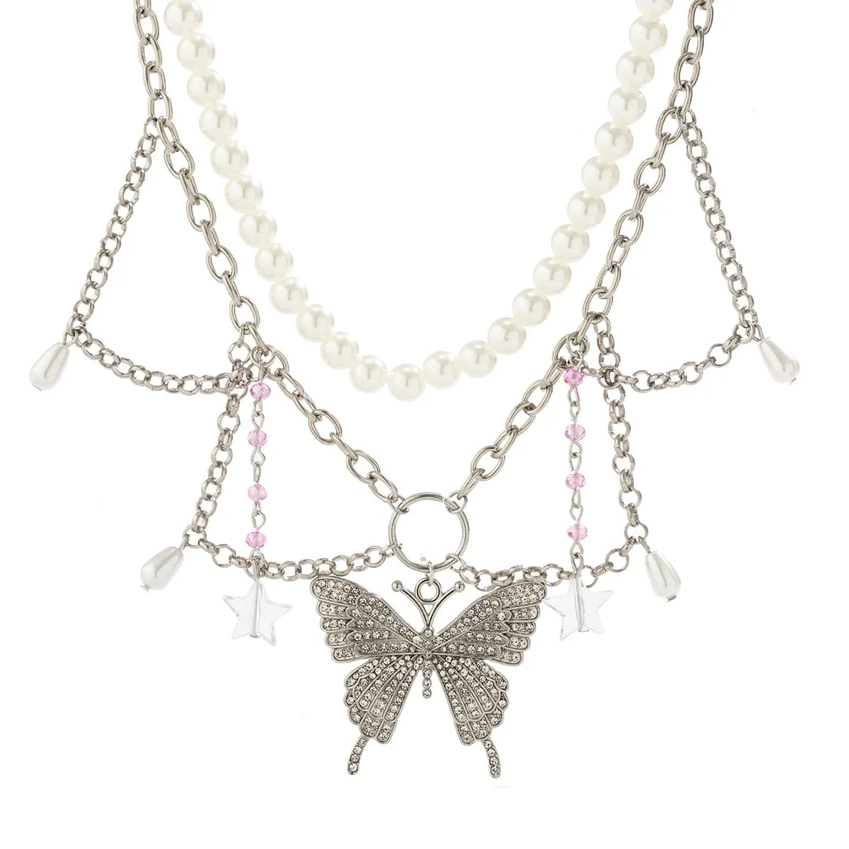 Elegant Layered CZ Inlaid Butterfly Pendant Star Tassel Pearl Chain Choker Necklace Set