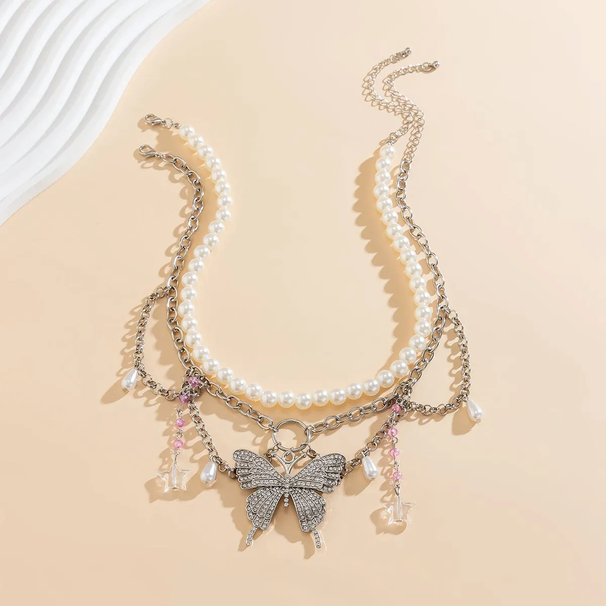 Elegant Layered CZ Inlaid Butterfly Pendant Star Tassel Pearl Chain Choker Necklace Set
