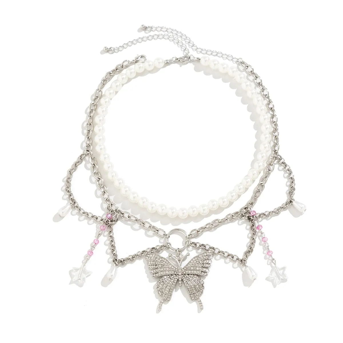 Elegant Layered CZ Inlaid Butterfly Pendant Star Tassel Pearl Chain Choker Necklace Set