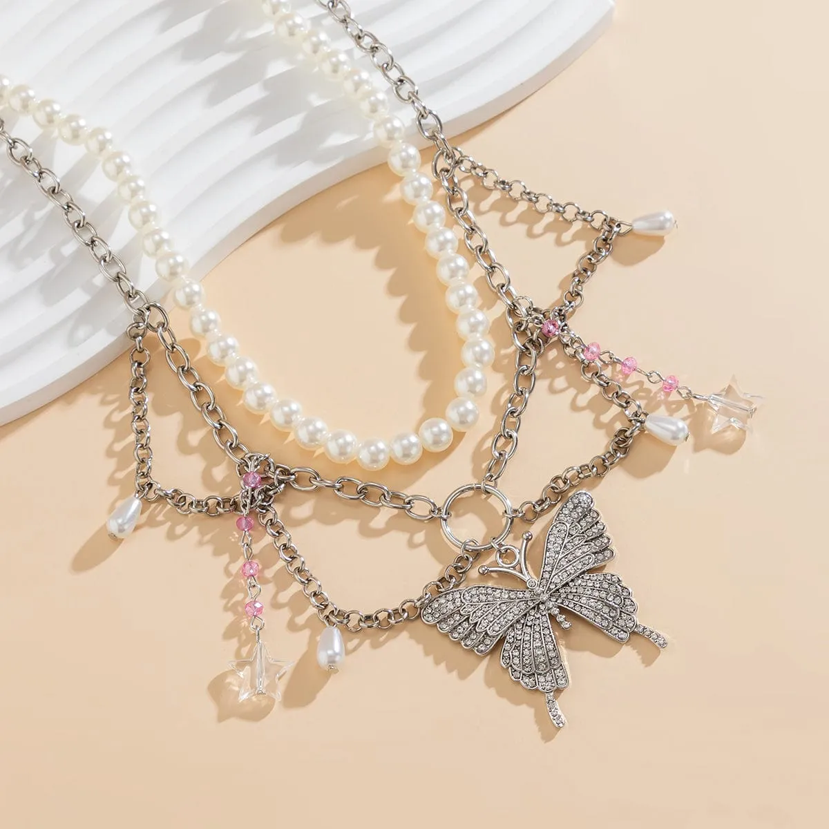 Elegant Layered CZ Inlaid Butterfly Pendant Star Tassel Pearl Chain Choker Necklace Set