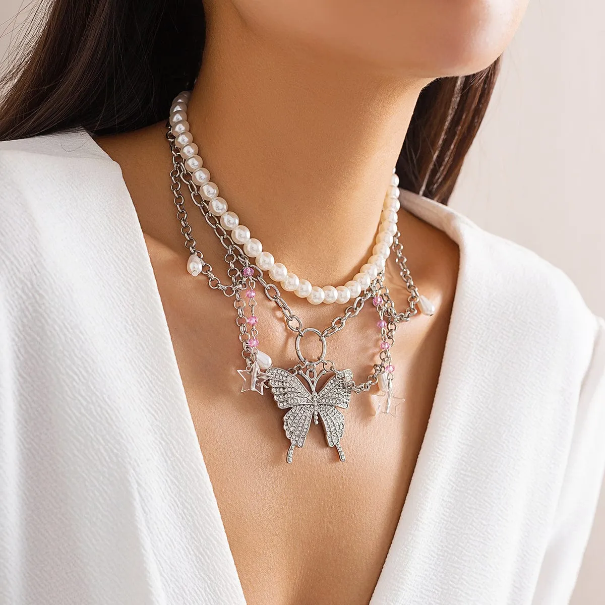 Elegant Layered CZ Inlaid Butterfly Pendant Star Tassel Pearl Chain Choker Necklace Set