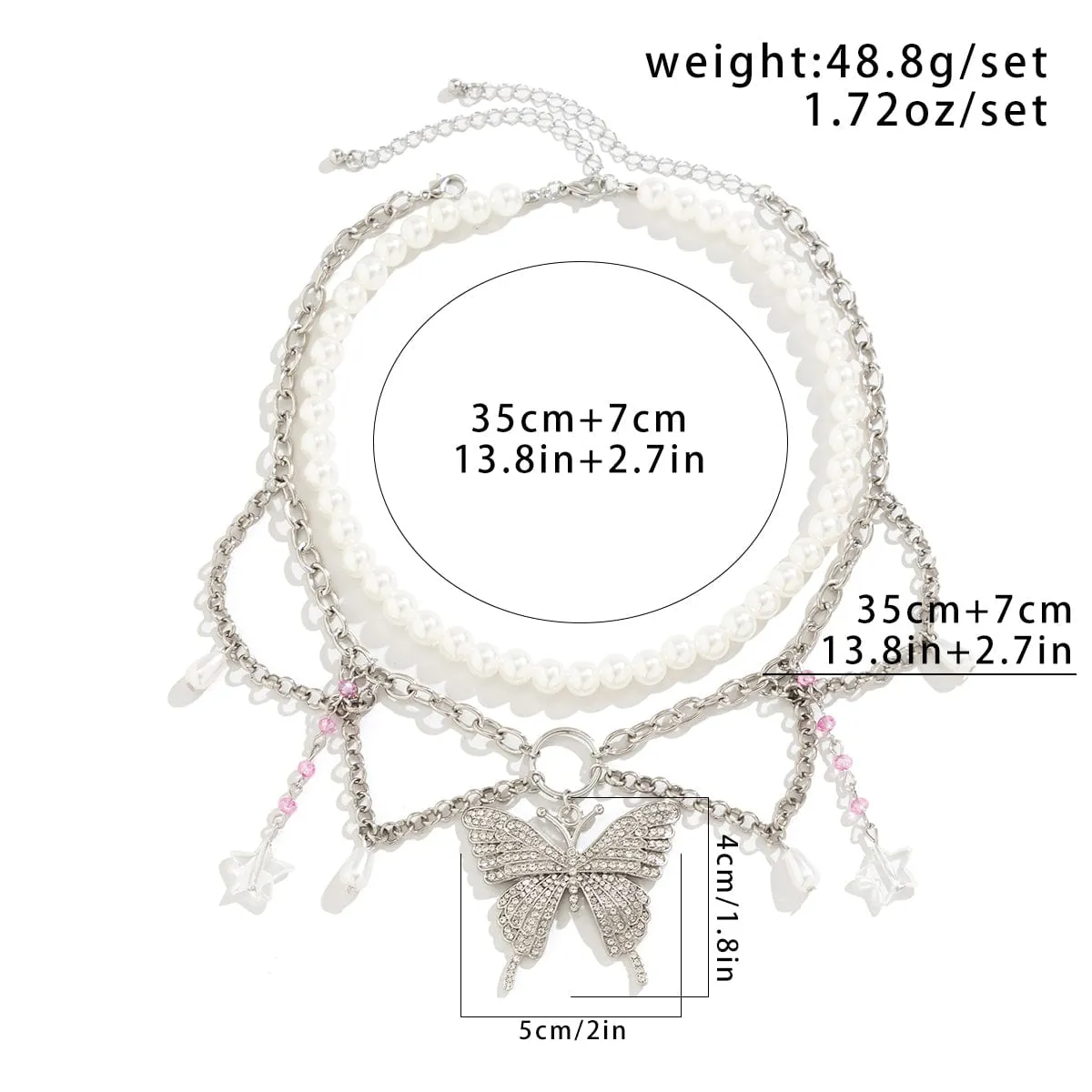 Elegant Layered CZ Inlaid Butterfly Pendant Star Tassel Pearl Chain Choker Necklace Set