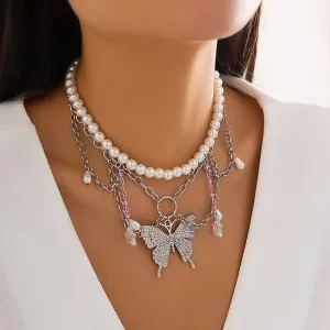Elegant Layered CZ Inlaid Butterfly Pendant Star Tassel Pearl Chain Choker Necklace Set