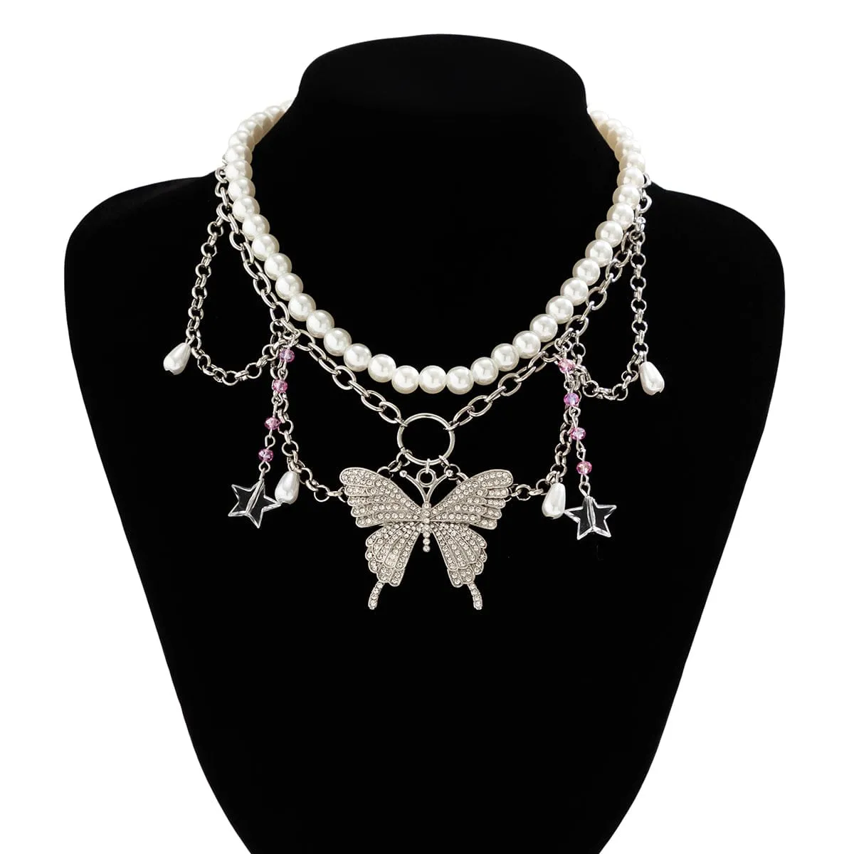 Elegant Layered CZ Inlaid Butterfly Pendant Star Tassel Pearl Chain Choker Necklace Set