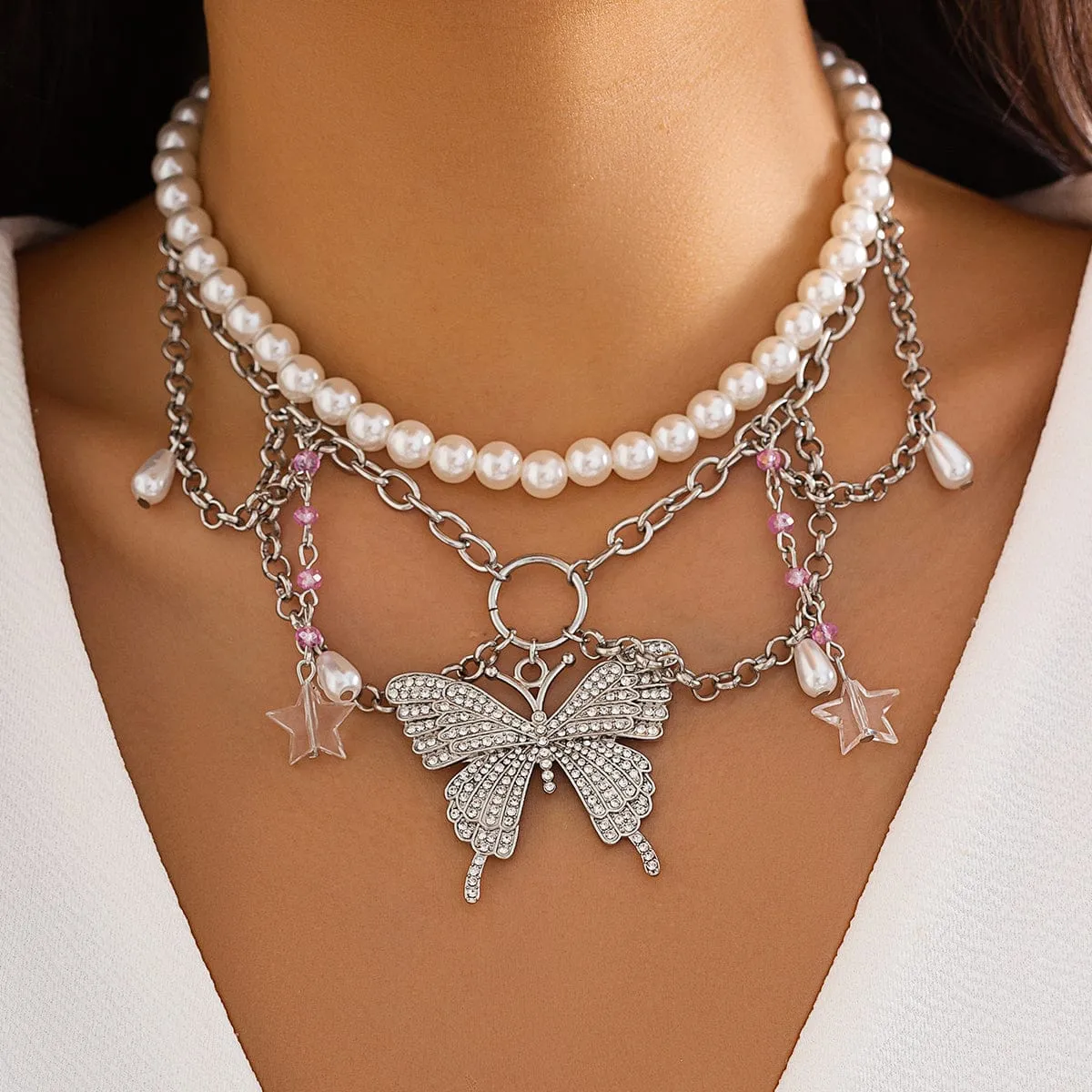 Elegant Layered CZ Inlaid Butterfly Pendant Star Tassel Pearl Chain Choker Necklace Set
