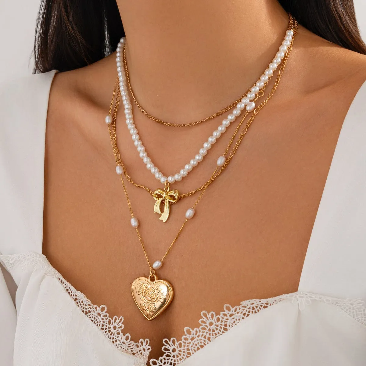 Elegant Layered Floral Heart Bowknot Pendant Pearl Chain Necklace