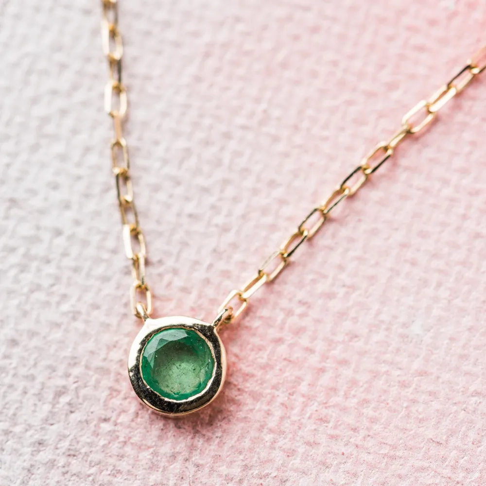 Emerald Petite Solitaire Necklace on Paperclip Chain in 14k Gold
