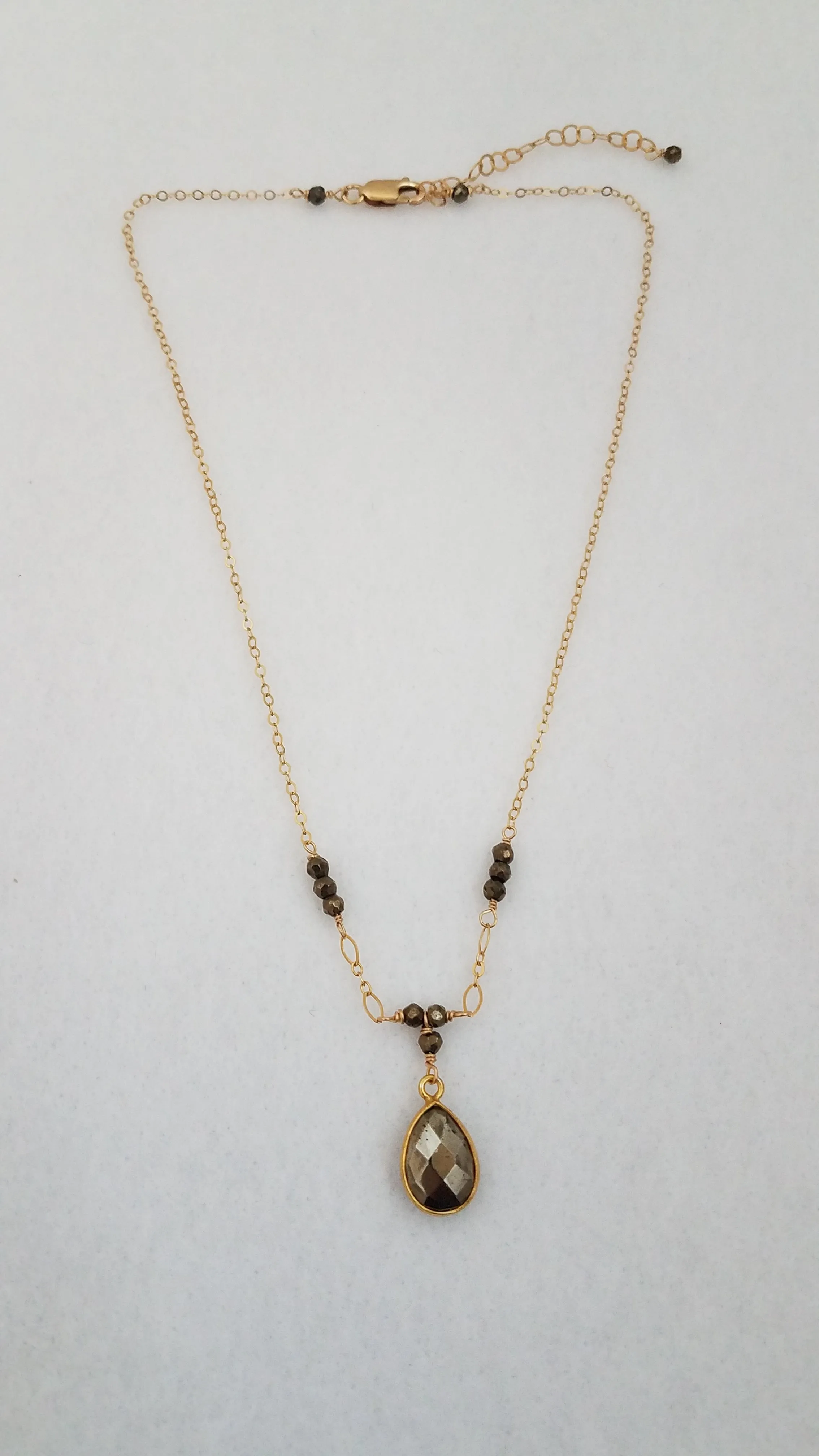 Faceted Pyrite Tear Drop Necklace With Faceted Pyrite Gemstones on Gold-Filled Chain.