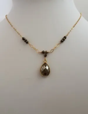 Faceted Pyrite Tear Drop Necklace With Faceted Pyrite Gemstones on Gold-Filled Chain.