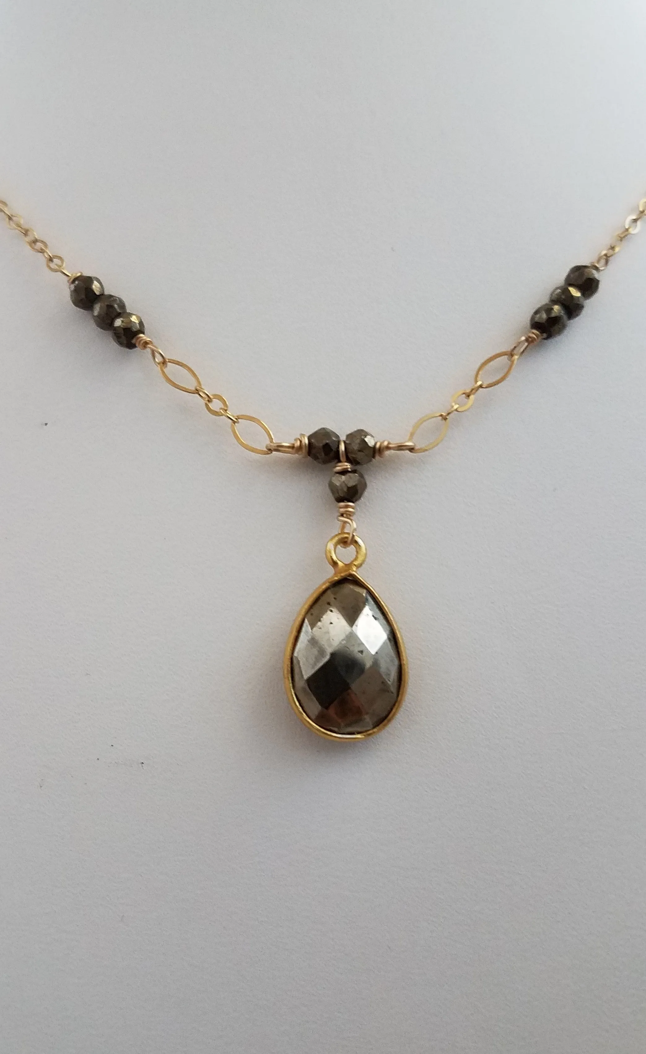 Faceted Pyrite Tear Drop Necklace With Faceted Pyrite Gemstones on Gold-Filled Chain.
