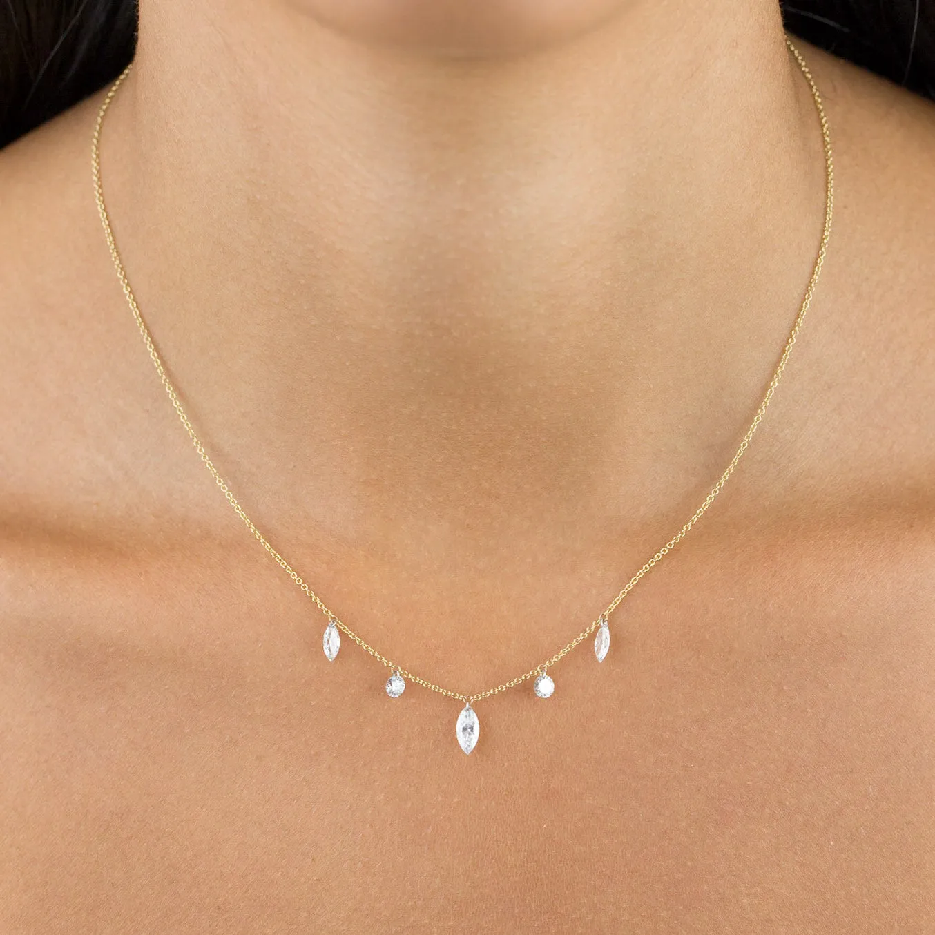 Floating Diamond Marquee & Round Necklace 18K