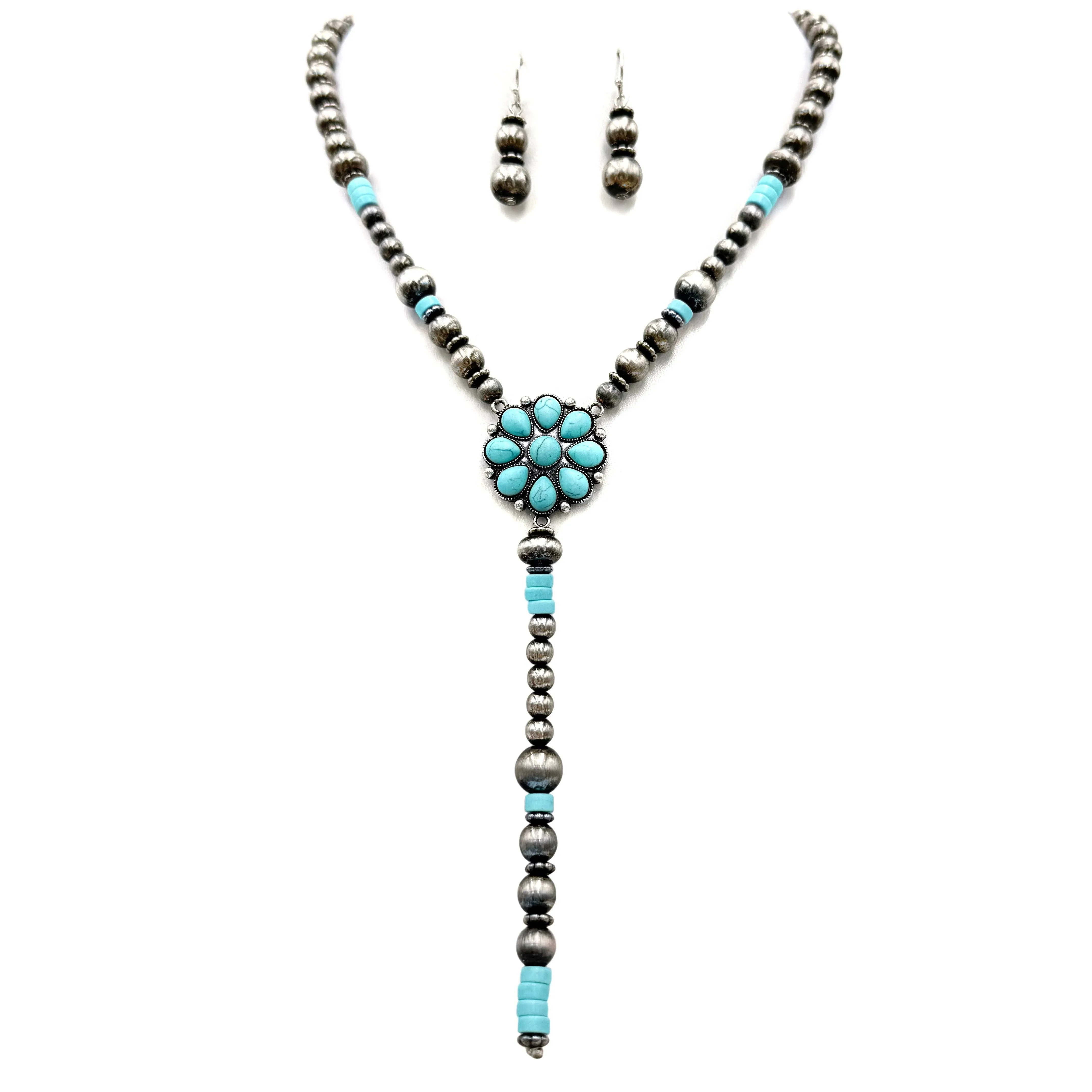 Flower Navajo Style Tie Necklace Earrings Set: Turquoise