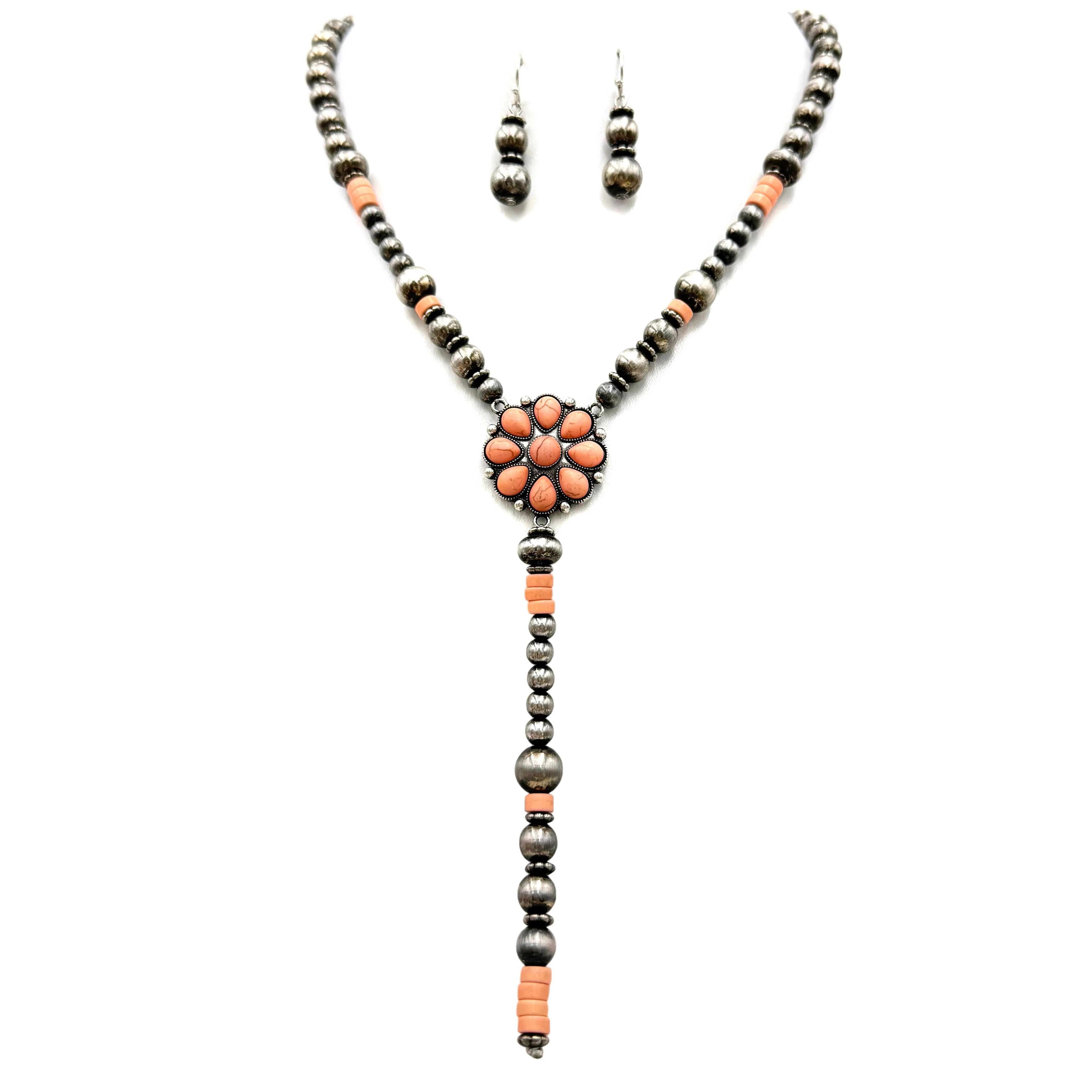 Flower Navajo Style Tie Necklace Earrings Set: Turquoise