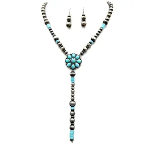 Flower Navajo Style Tie Necklace Earrings Set: Turquoise