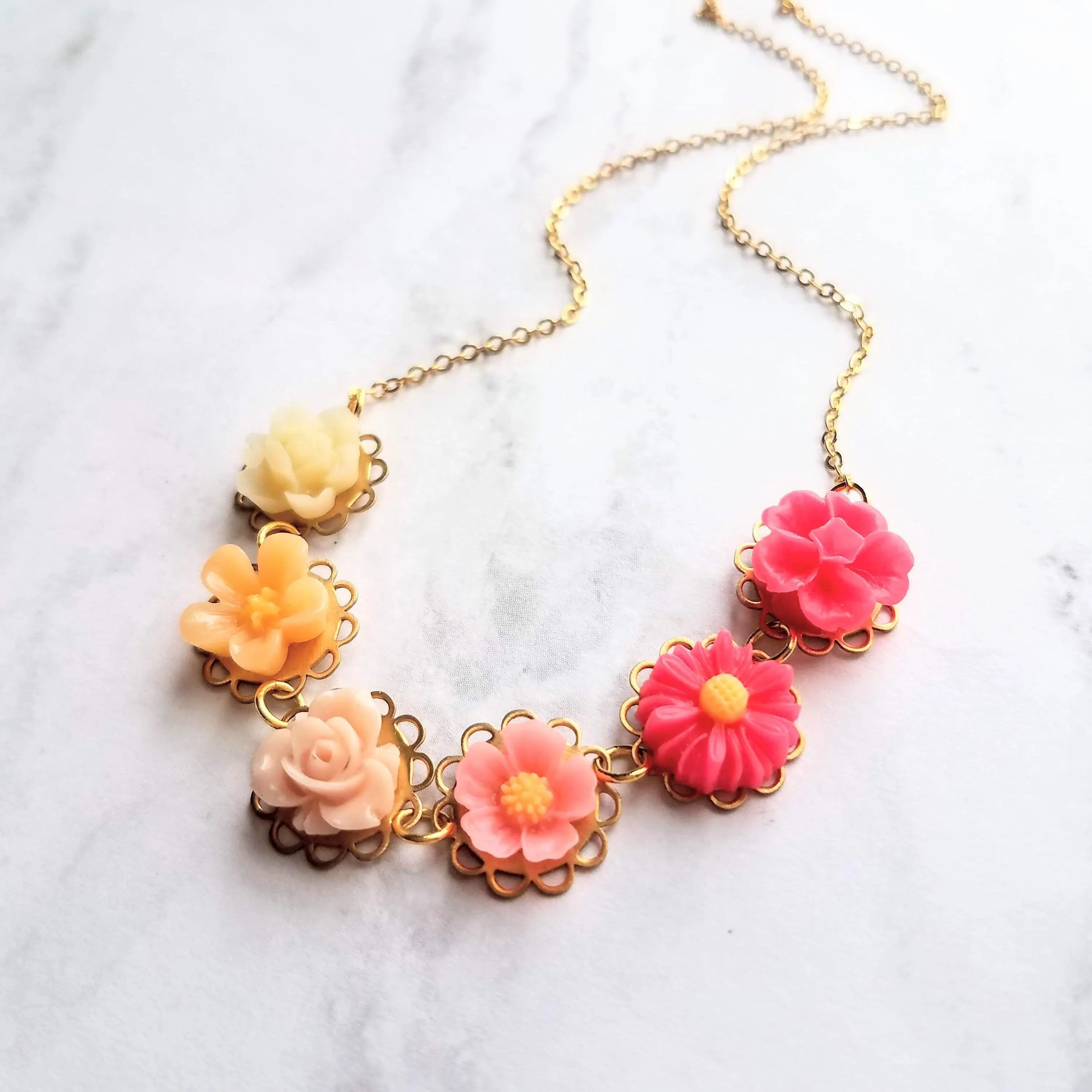 Flower Necklace - colorful ombre floral charms on scalloped gold setting - hot pink fuchsia to cream white - lacy pretty feminine rose daisy