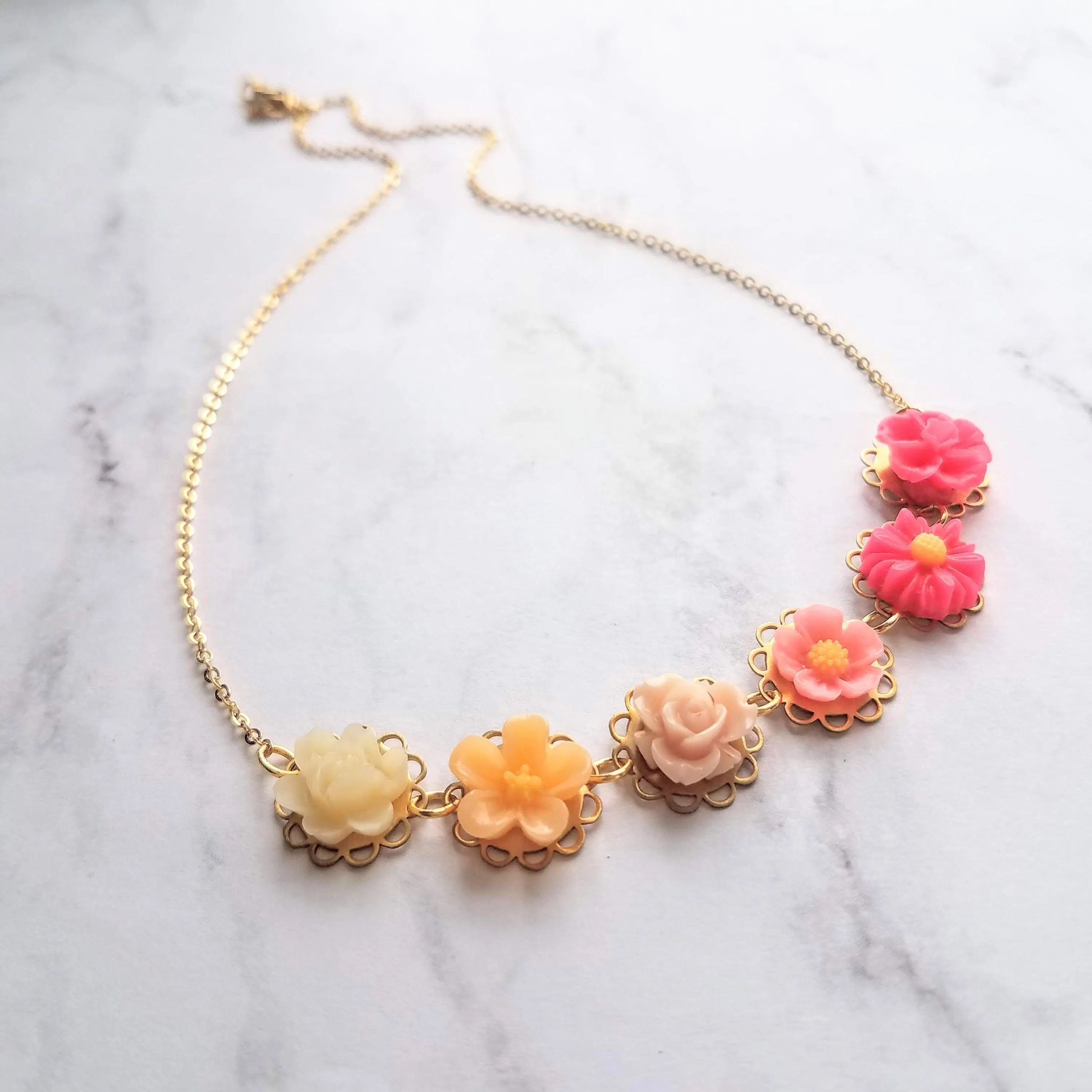 Flower Necklace - colorful ombre floral charms on scalloped gold setting - hot pink fuchsia to cream white - lacy pretty feminine rose daisy