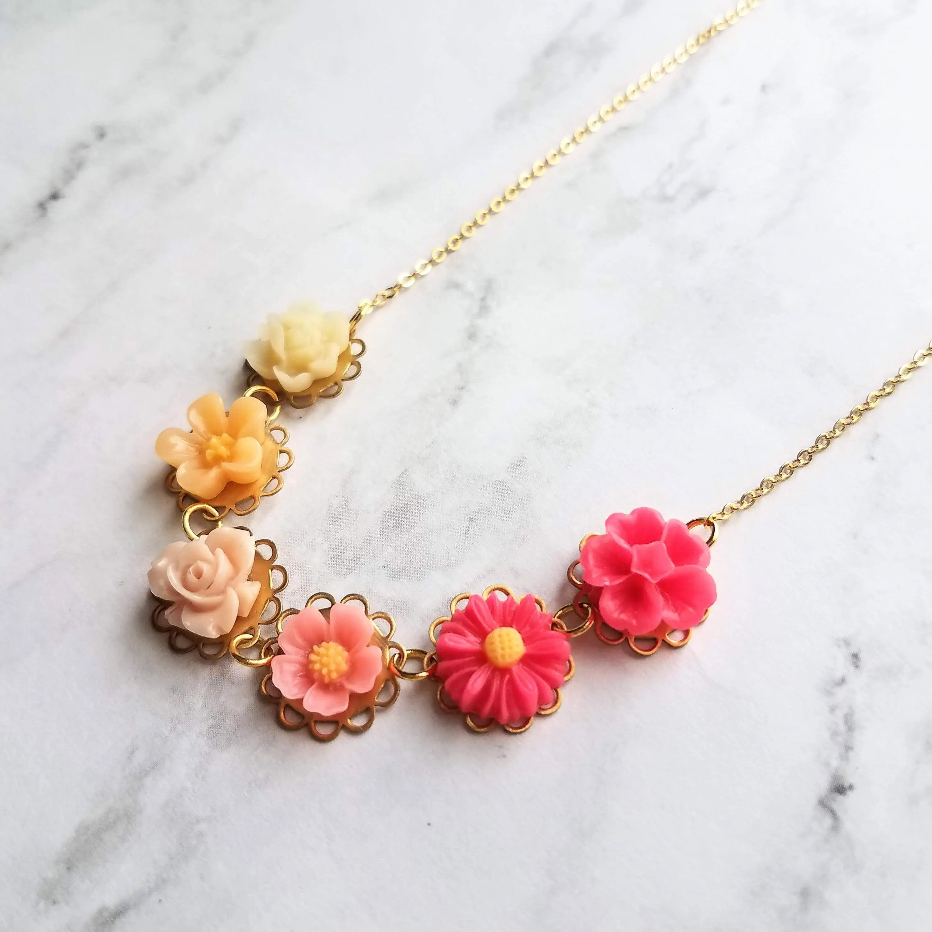 Flower Necklace - colorful ombre floral charms on scalloped gold setting - hot pink fuchsia to cream white - lacy pretty feminine rose daisy